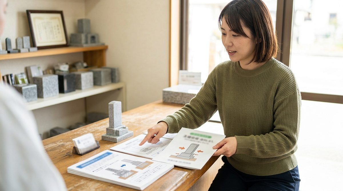 墓石が倒れたらどうするを確認する様子