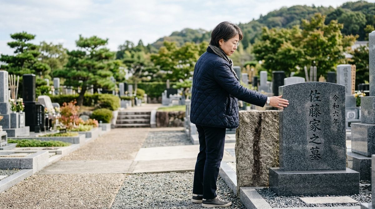 墓地で女性が「佐藤家之墓」と刻まれた墓石に手を触れている。