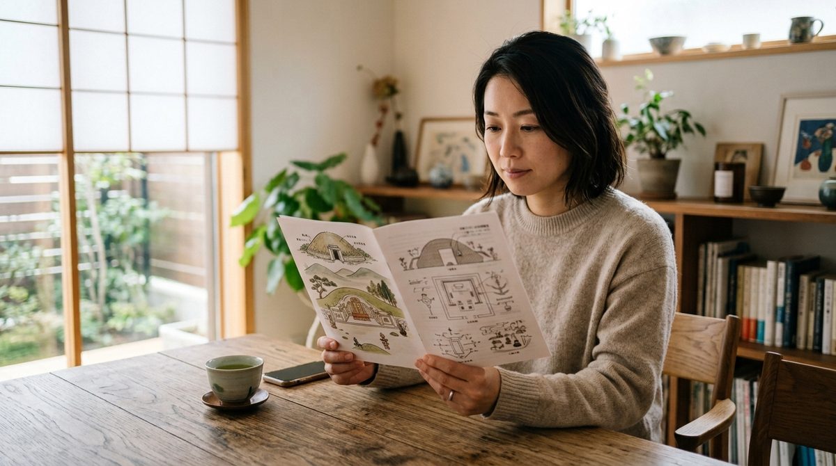 窓際の木のテーブルで冊子の図解に見入る女性