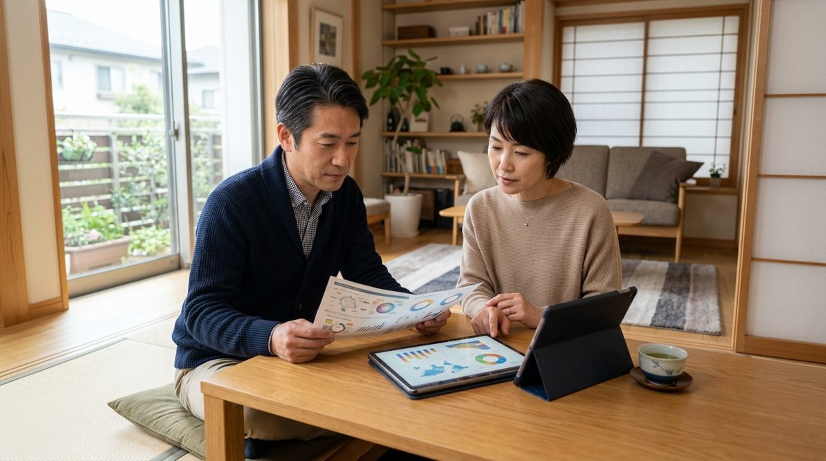 夫婦が自宅リビングで紙とタブレットのグラフを見比べる