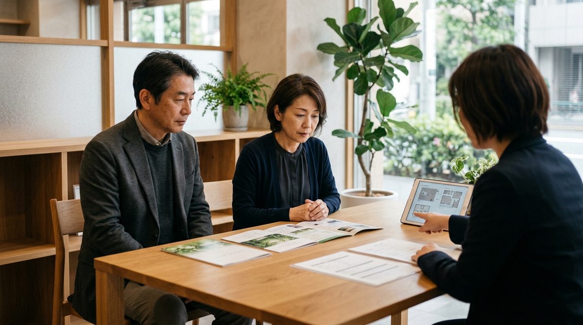 夫婦にタブレットで説明