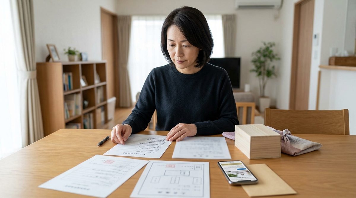 自宅で書類とスマートフォンを前にペンを持つ女性