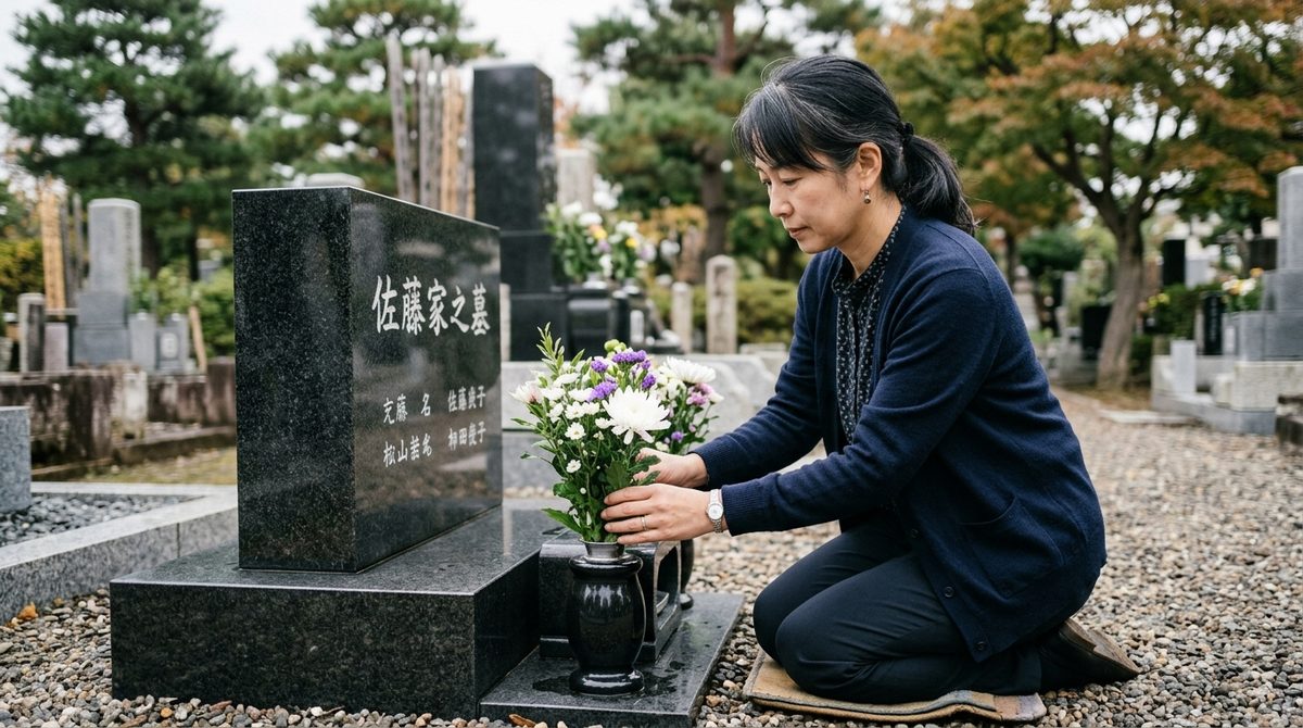 お墓参りの自然な動作を見せ、読者のマナーや手順の不安を解消する