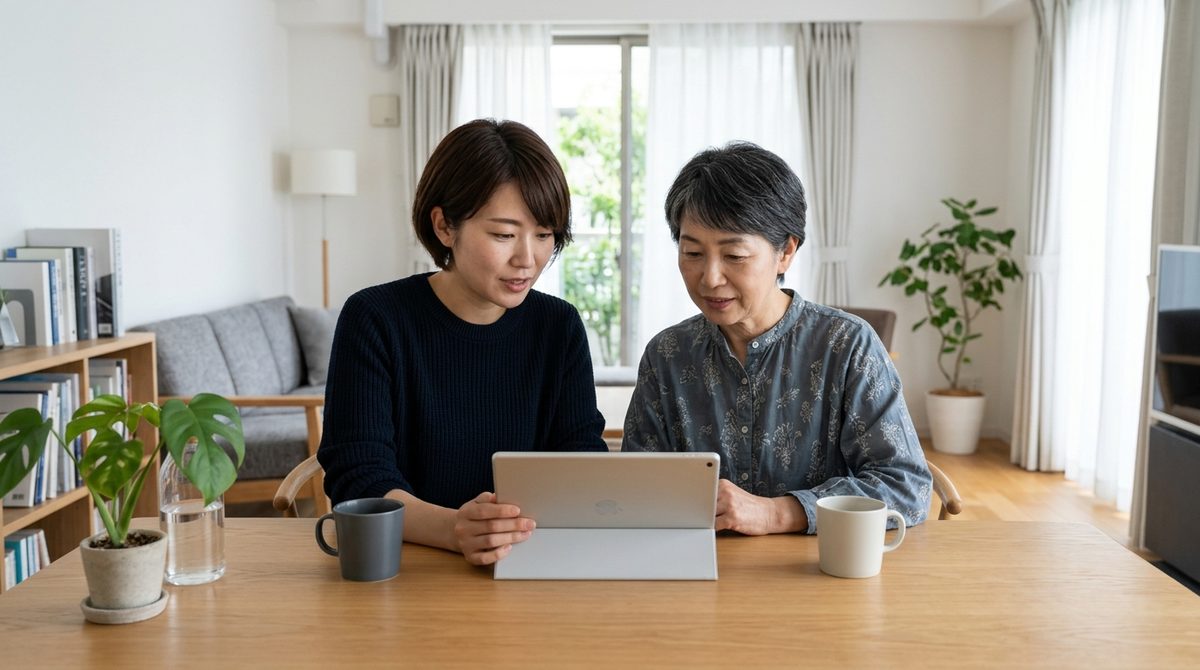 家族でお墓について話し合う重要性や、情報収集の様子を表現する。